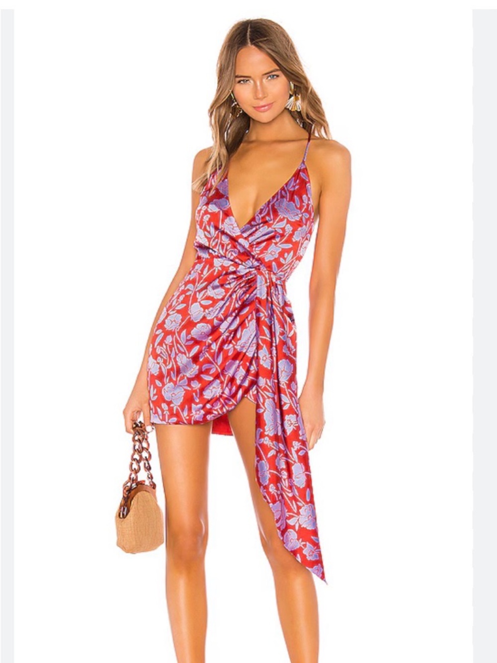 Floral Red Wrap Mini Dress with Lilac Print